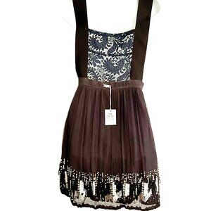 Paola Frani Navy Lace Black Chiffon Dress Crystal Beaded Embellished Hem IT42